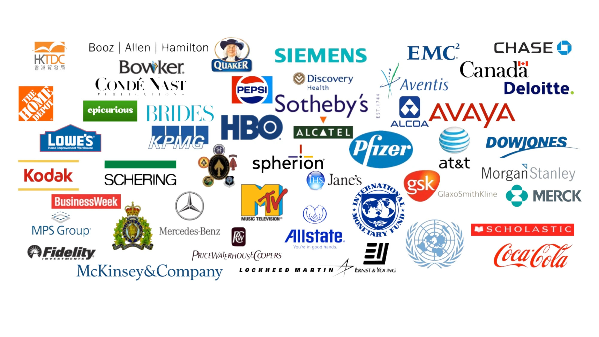 Logos of organizations we have worked with, including Chase, Pfizer, Siemens, AT&T, HBO, Pepsi, Coca-Cola, Deloitte, the United Nations and the International Monetary Fund.