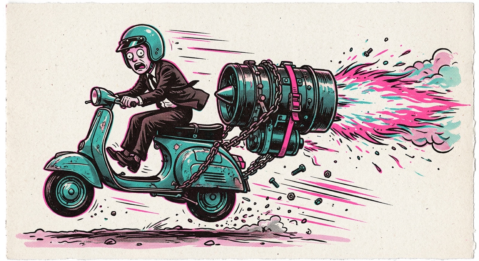 Risograph cartoon of a nervous rider in a business suit on a Vespa-style scooter with a turbojet engine chained to the back, bolts flying off and the front wheel lifting.