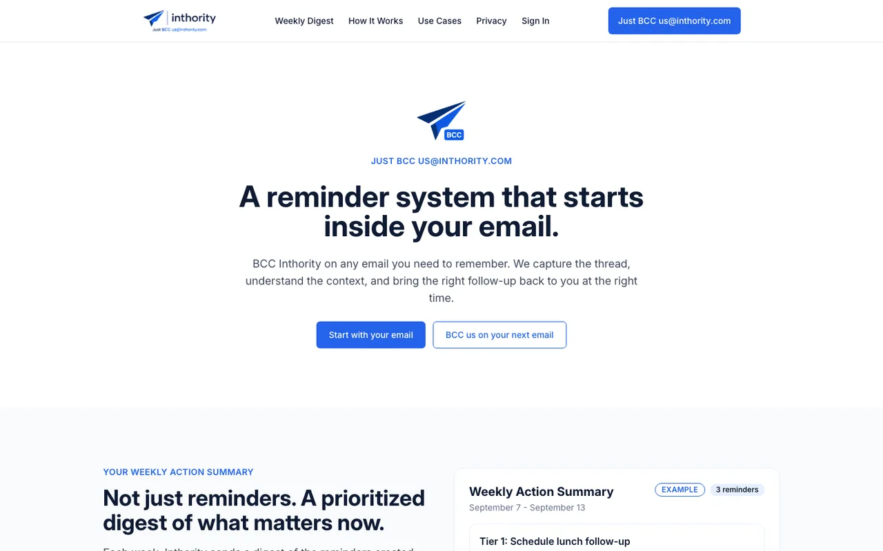 Inthority home page: a reminder system that starts inside your email